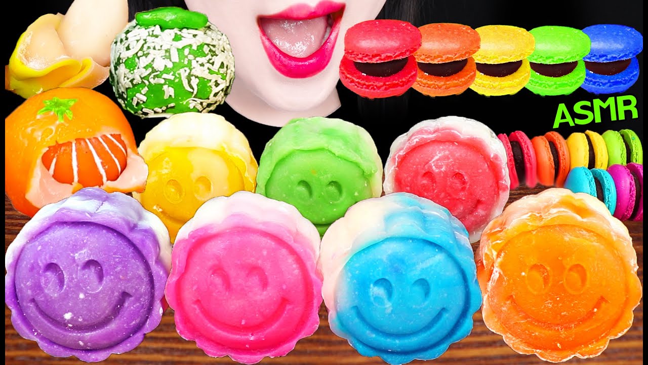 ASMR RAINBOW FOODS *SMILE WAGASHI, SWEET BEAN CAKE 스마일 화과자, 과일 화과자, 무지개 마카롱 먹방 MUKBANG