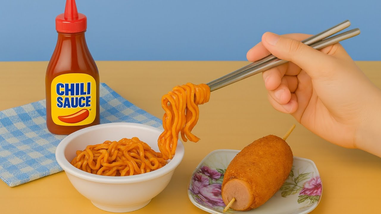🌪️ ASMR Miniature Cooking: Korean Corn Dogs & Chili Noodles in a Stormy Surprise! 🌭