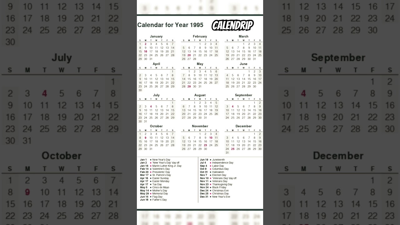 Calendar 1995 #monthsoftheyear