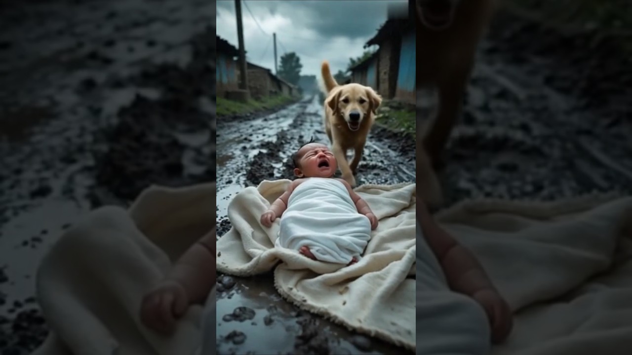 Abandoned Baby Rescued by golden retriever  in Muddy Village Road! #shorts #goldenretriever #baby