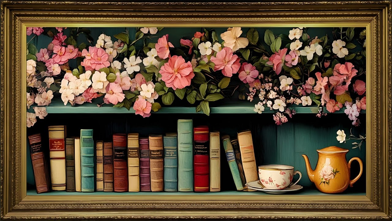 Valentine Flowers and Books, Vintage Oil Painting | Framed TV Art Screensaver