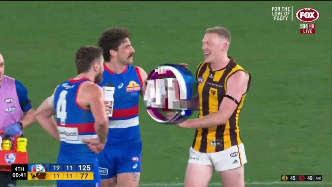 James Sicily runs into brick wall Marcus Bontempelli as fight breaks out - Bulldogs vs Hawthorn