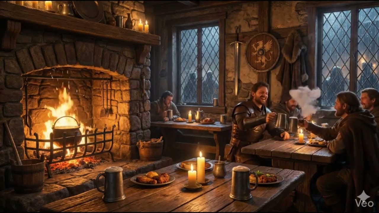 Cozy Medieval Tavern Ambience 🍺 Rain, Fireplace & Lute Music | Fantasy Inn for Sleep