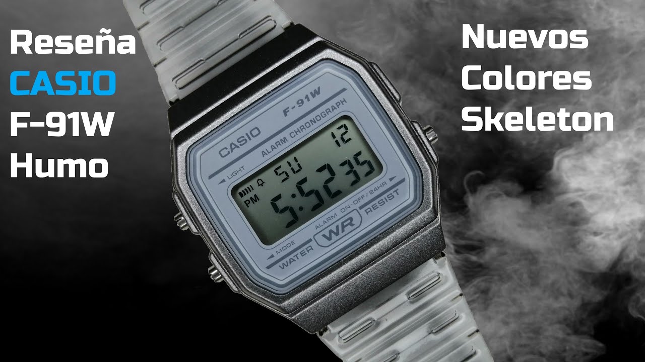 NUEVO Color Humo Reloj CASIO F-91W Skeleton Retro Rese&ntilde;a (En Espa&ntilde;ol)