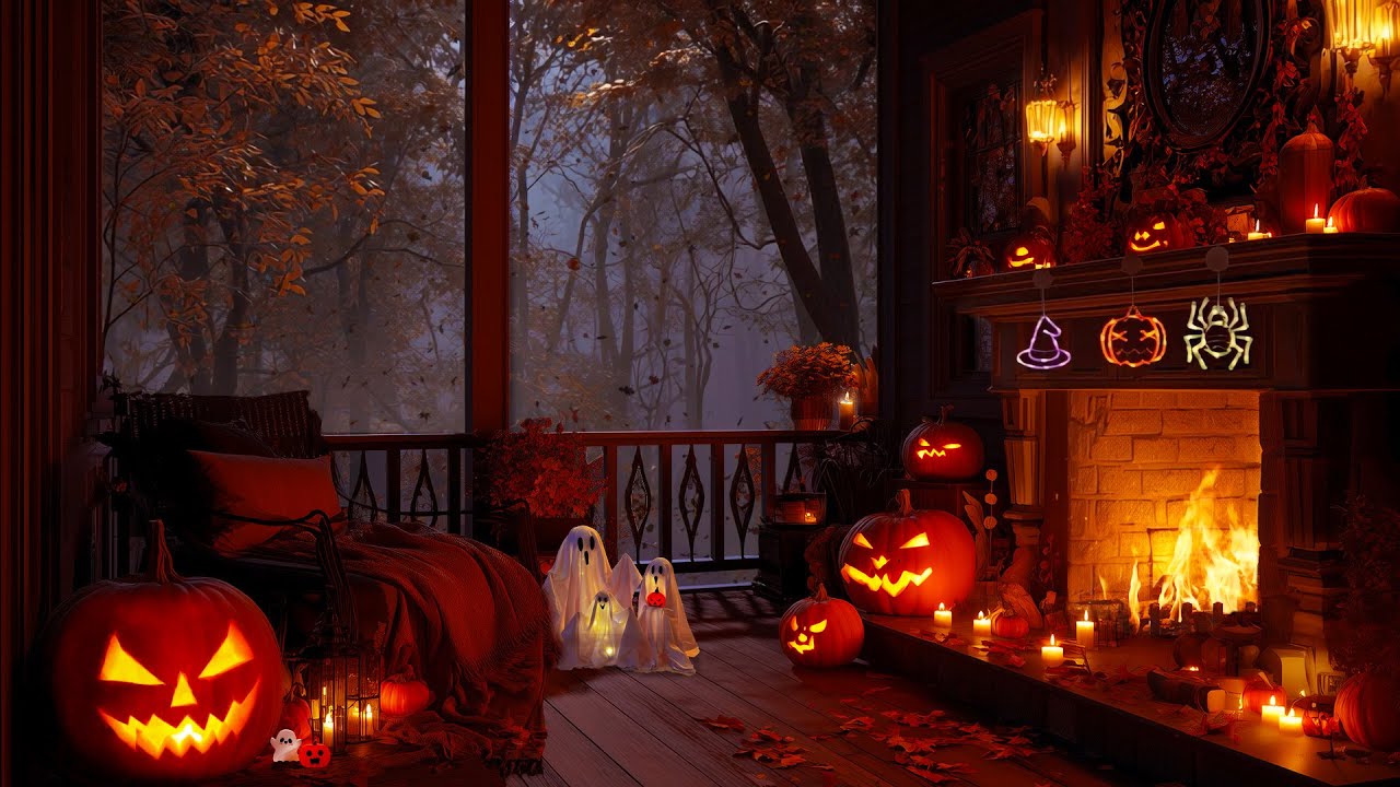Cozy Halloween Balcony with Fireplace Crackles & Autumn Night Forest Sounds 🎃🔥