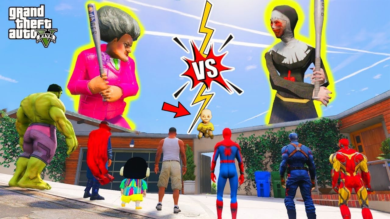 FRANKLIN AND SHINCHAN Fight with Evil Nun & Scary Teacher For Save Shinchan in GTA5 | GTAV Avengers