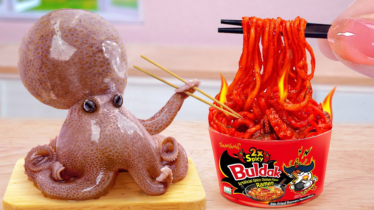 Spicy Recipe For Seafood Lovers 💗 Yummy Miniature Stir Fry Tiny Octopus Ramen 🐙 By Tina Mini Cooking