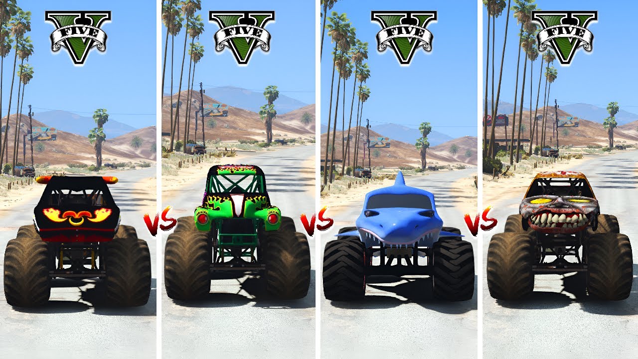 GTA 5 EL TORO LOCO vs GRAVE DIGGER MONSTER JAM TRUCK vs MEGALODON SHARK vs ZOMBIE MONSTER TRUCK