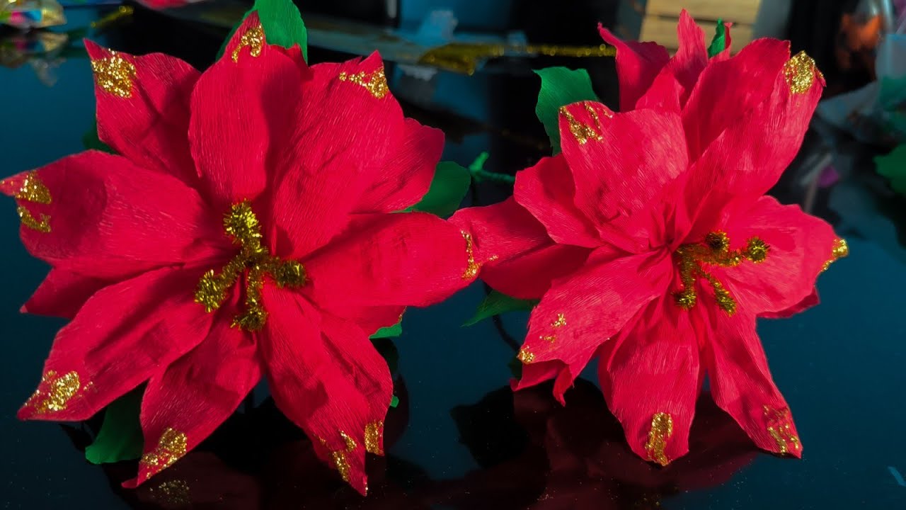 CÓMO HACER FLORES DE NOCHEBUENA  FÁCIL con Papel CREPE 💮✂️