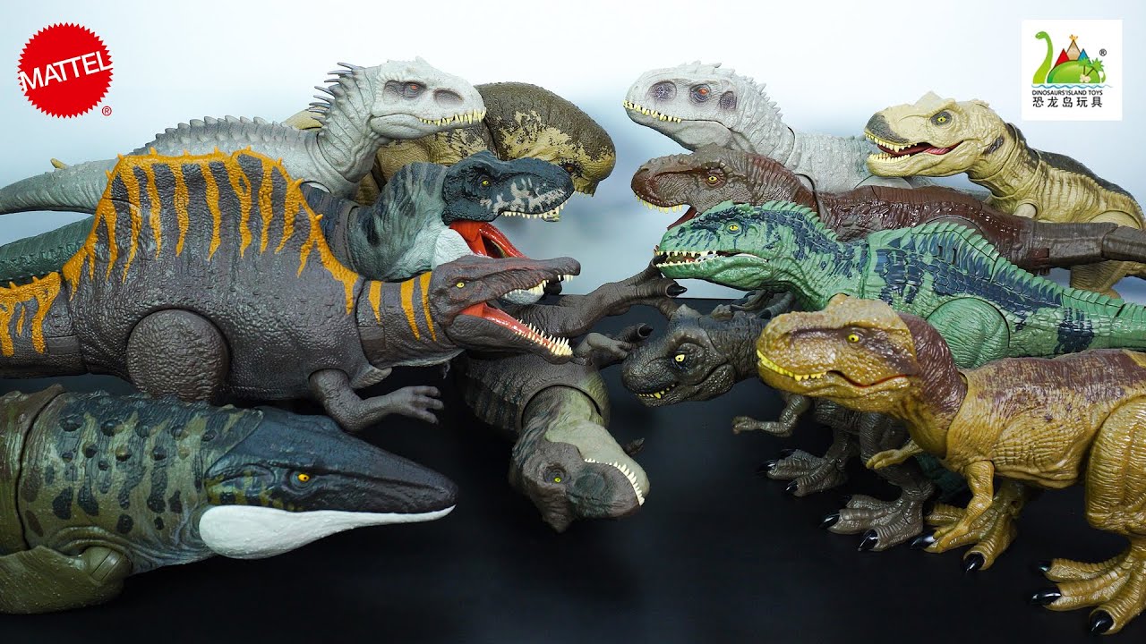 12 DINOSAURS BATTLE: D-REX, 6 T-REX, 2 INDOMINUS REX, SPINOSAURUS, GIGANOTOSAURUS- TOYS ASMR-DKT2511