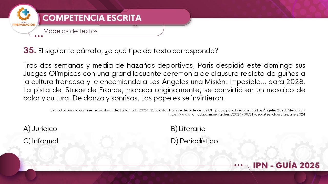 Guía IPN nivel superior 2025 | Competencia escrita | Pregunta No.35