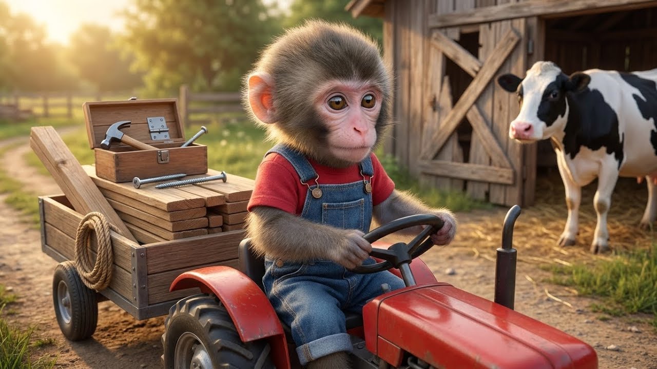 Baby Monkey Fixes the Broken Barn Door… Before the Wild Animals Come! 🐒🚪🐄