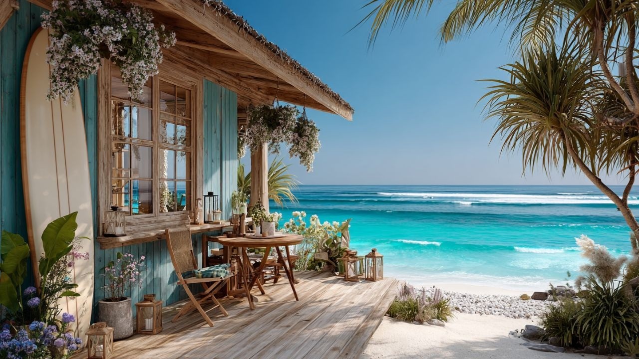Sunrise Surf Shack Patio | Gentle Ocean Waves + Birds for Relaxing Focus & Reading Study