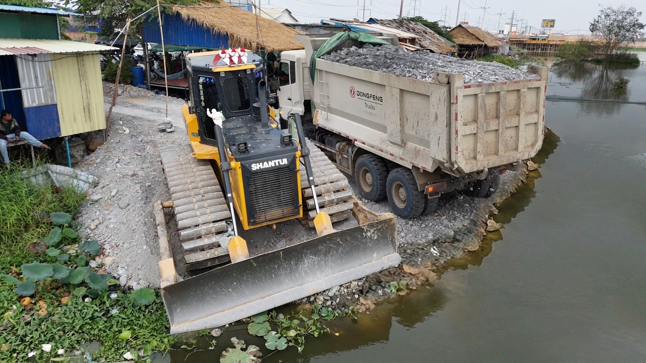 Nicely New Episode, Great Operator filling Stone flooded Region by SHANTUI Dozer With Dump Trucks