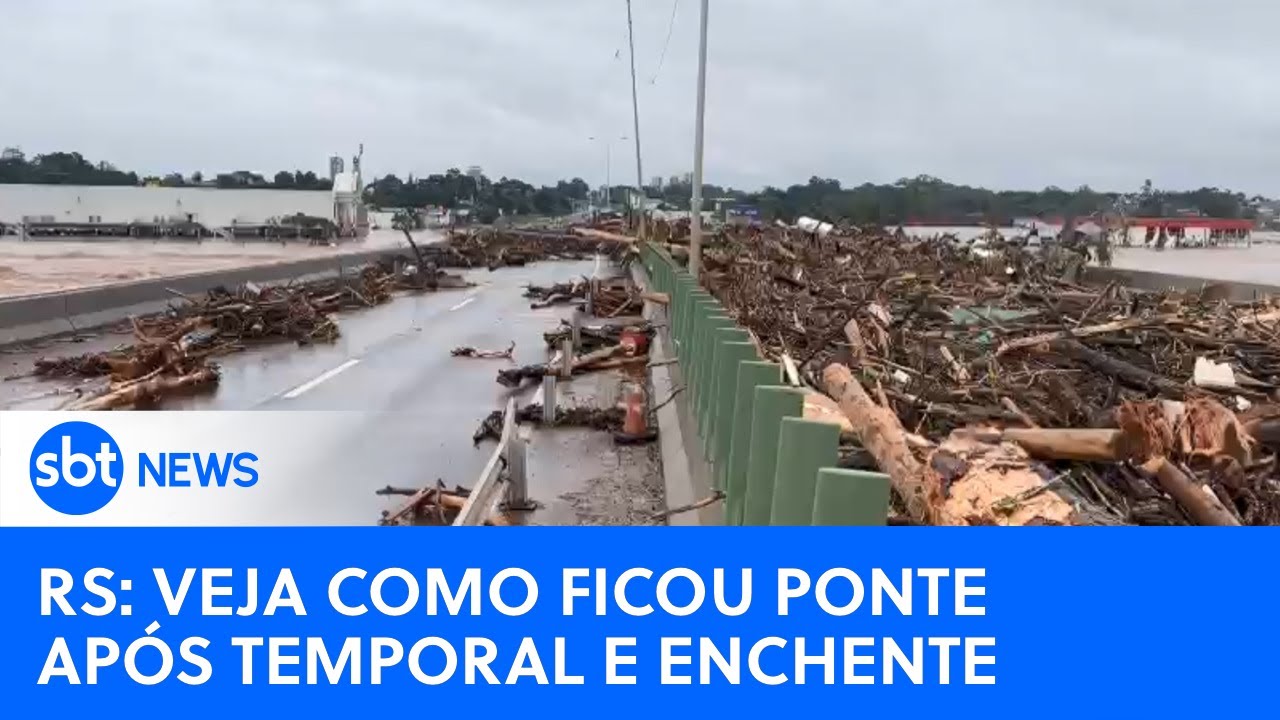 RS: Ponte do rio Taquari emerge tomada de entulho e troncos após temporal e enchente