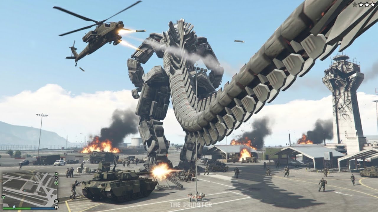 GTA 5 - Mechagodzilla In Military Base + Six Star Wanted Level Rampage