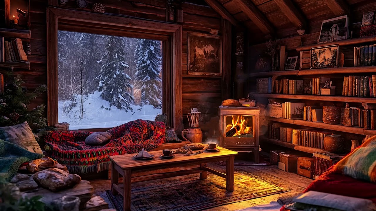 Warm Cabin at Night with Gentle Fireplace Glow for Deep Sleep and Relaxation