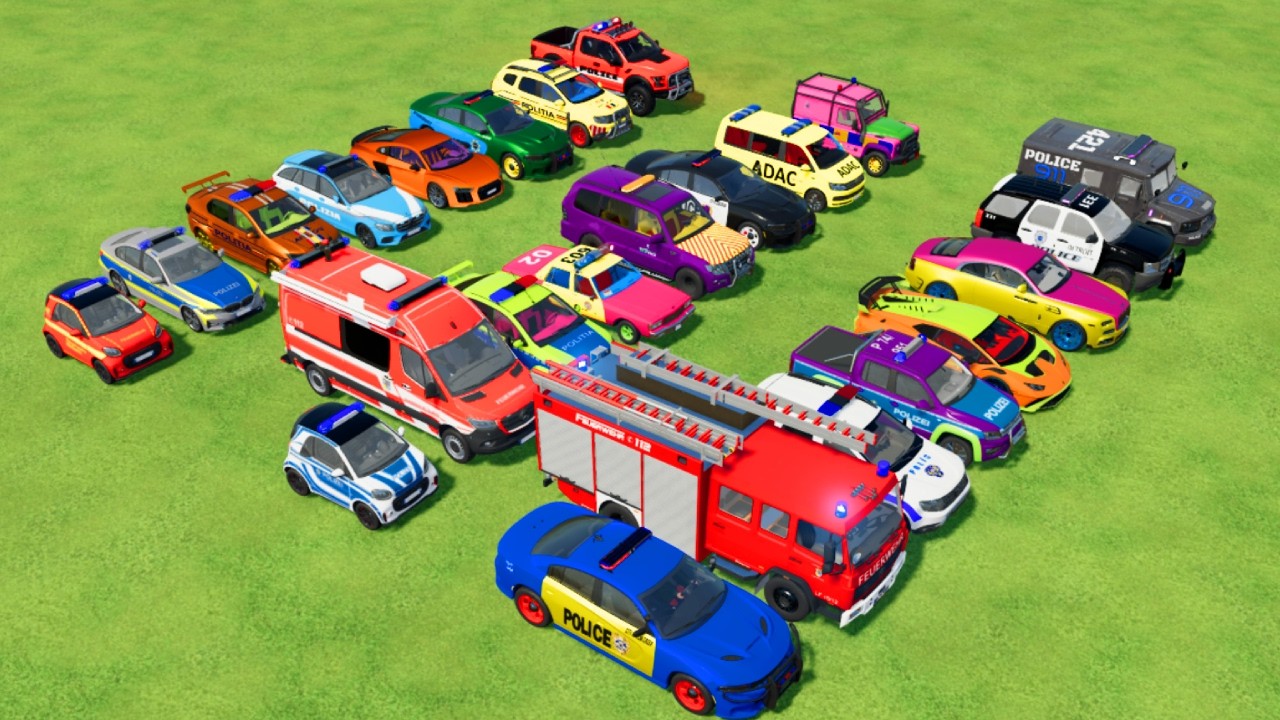 TRANSPORTING CARS, AMBULANCE, POLICE CARS, FIRE TRUCK OF COLORS! WITH TRUCKS! - FS 22