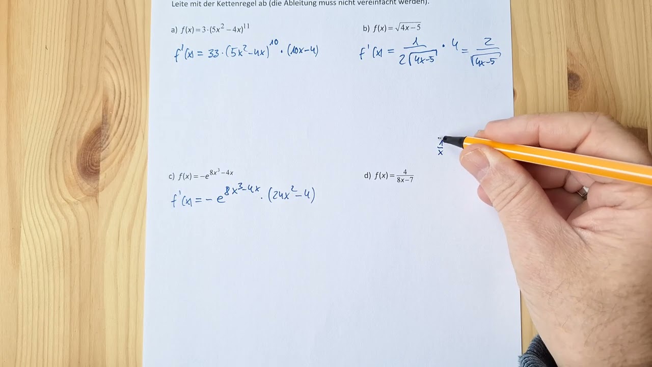 Mit der Kettenregel ableiten (e-Funktion, Wurzelfunktion, gebrochenrat. Fkt. und Potenzfunktion)