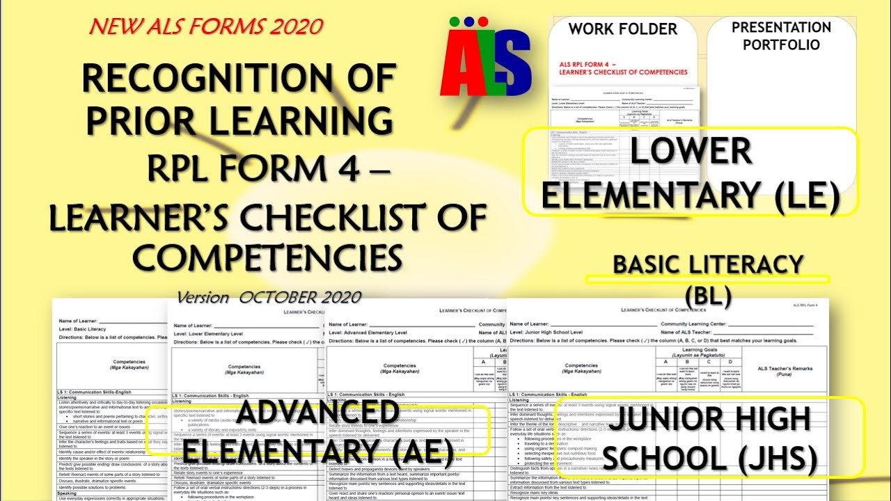 PAANO SASAGUTIN ANG ALS FORMS SA A&E - RPL 4 (LEARNER'S CHECKLIST OF COMPETENCIES)
