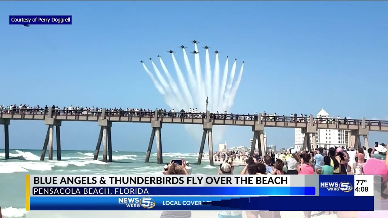 Blue Angels form 'Super Delta' in Pensacola Beach flyover with Air Force Thunderbirds