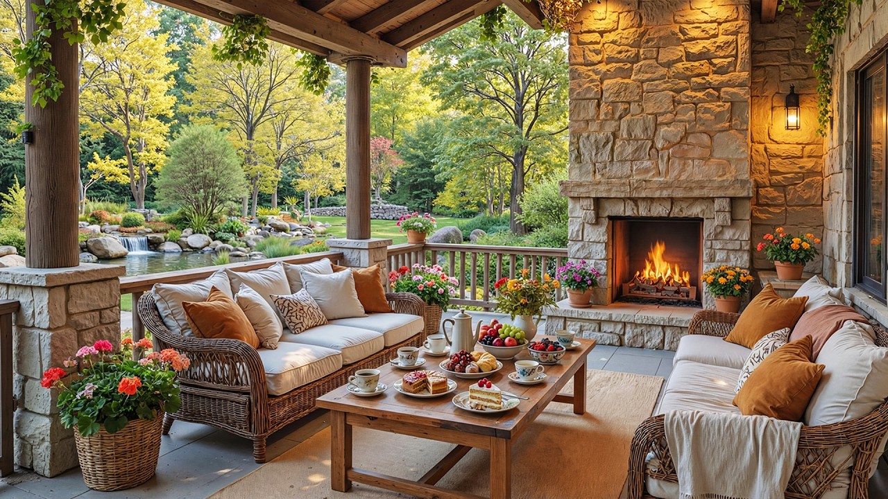 Cozy Spring Porch Ambience 🎹 Relaxing Piano Background Music and Fireplace Sounds for Relaxation