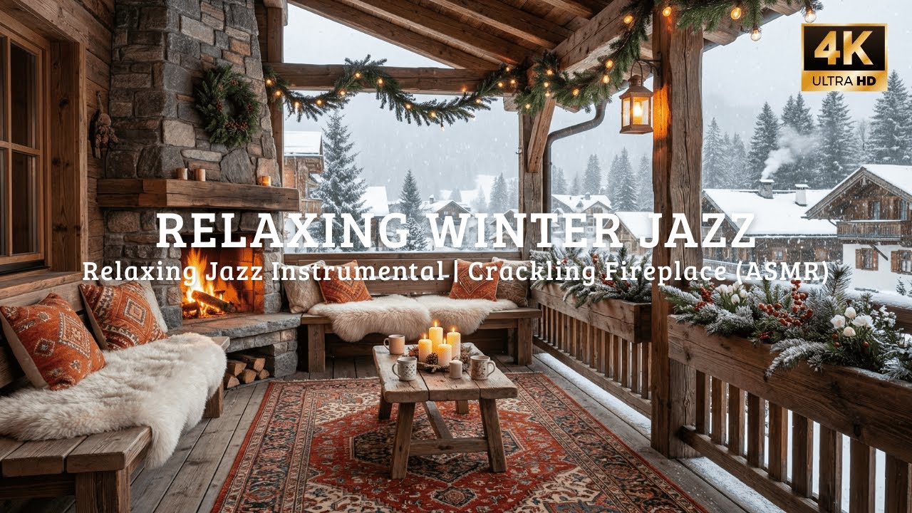 🔴 Frosty Mountain Cabin ❄️ Cozy Fireplace Ambience & Smooth Piano Jazz
