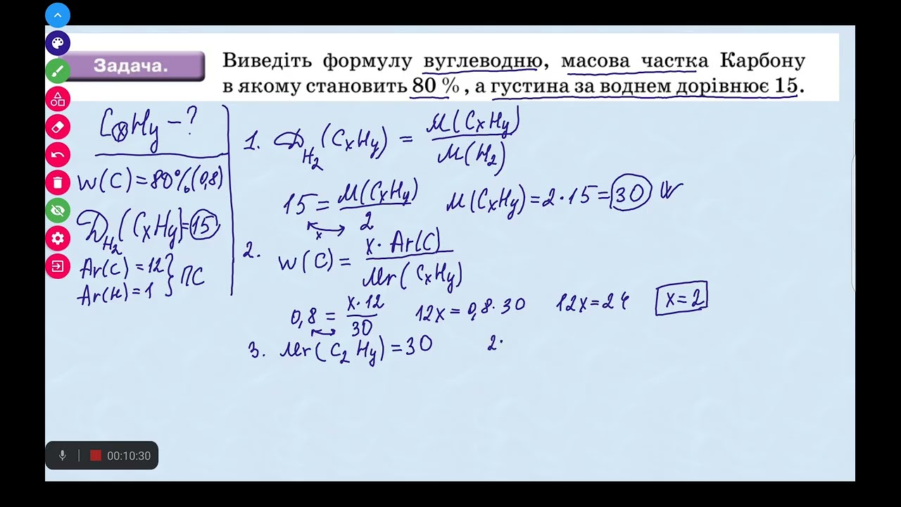 Виведення молекулярної формули речовини за масовими частками елементів.10 клас