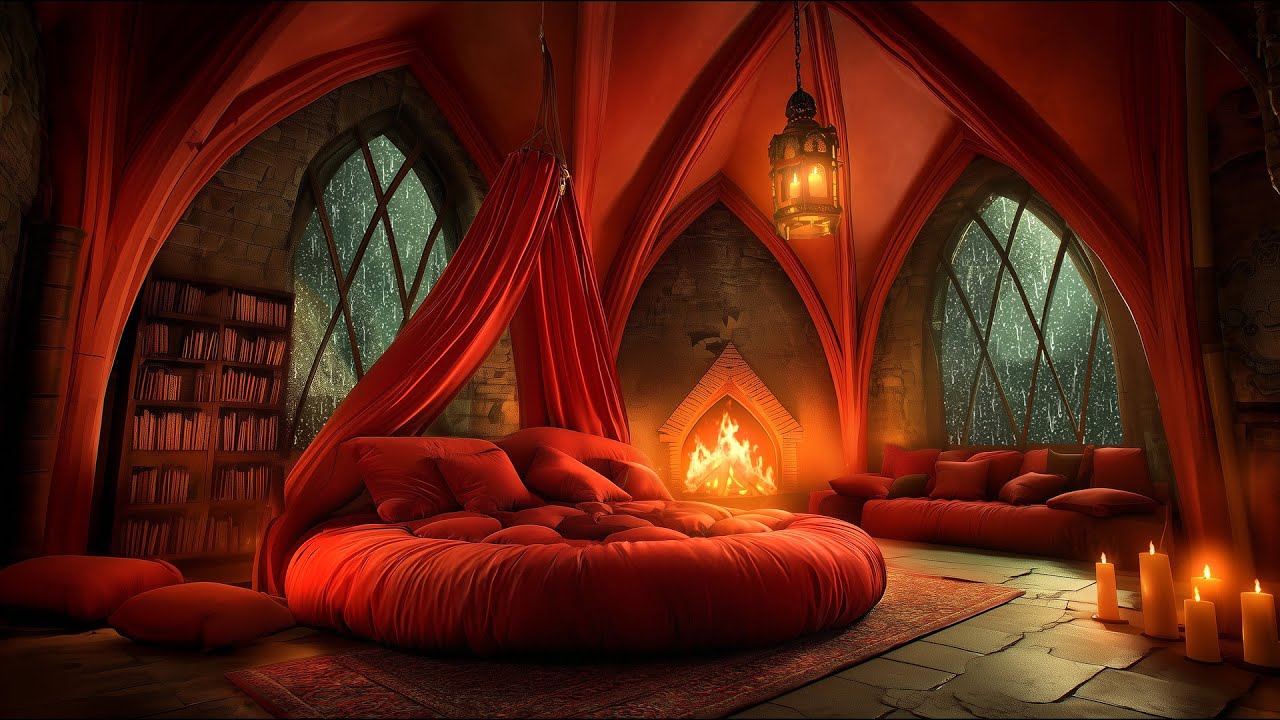 Deep Sleep Sounds - Fall Asleep in this Elegant Castle Room - Rain, Thunderstorm and Fireplace