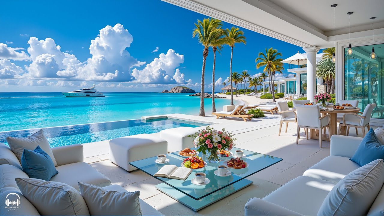 Tropical Morning Jazz at Seaside Villa Ambience 🌊 Summer Bossa Nova & Ocean Waves for Great moods