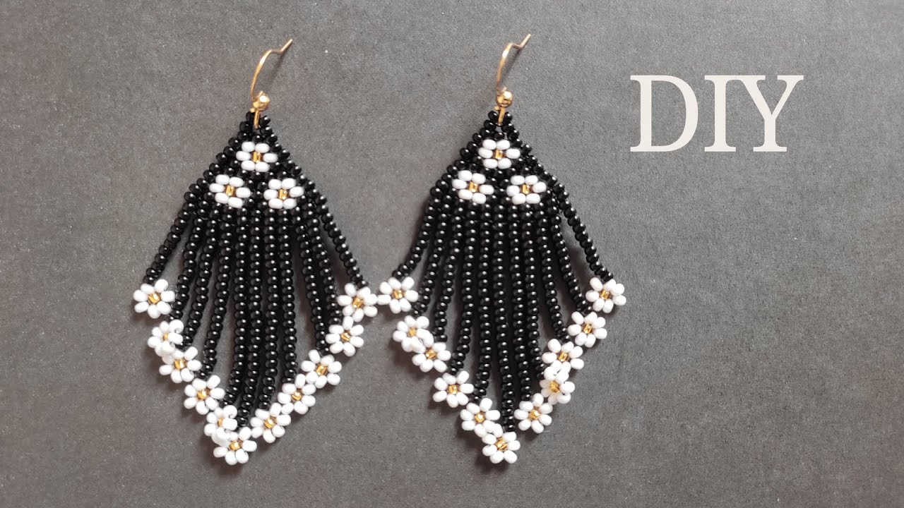 How to make seed bead flowers earrings, beaded earrings with floral fringes