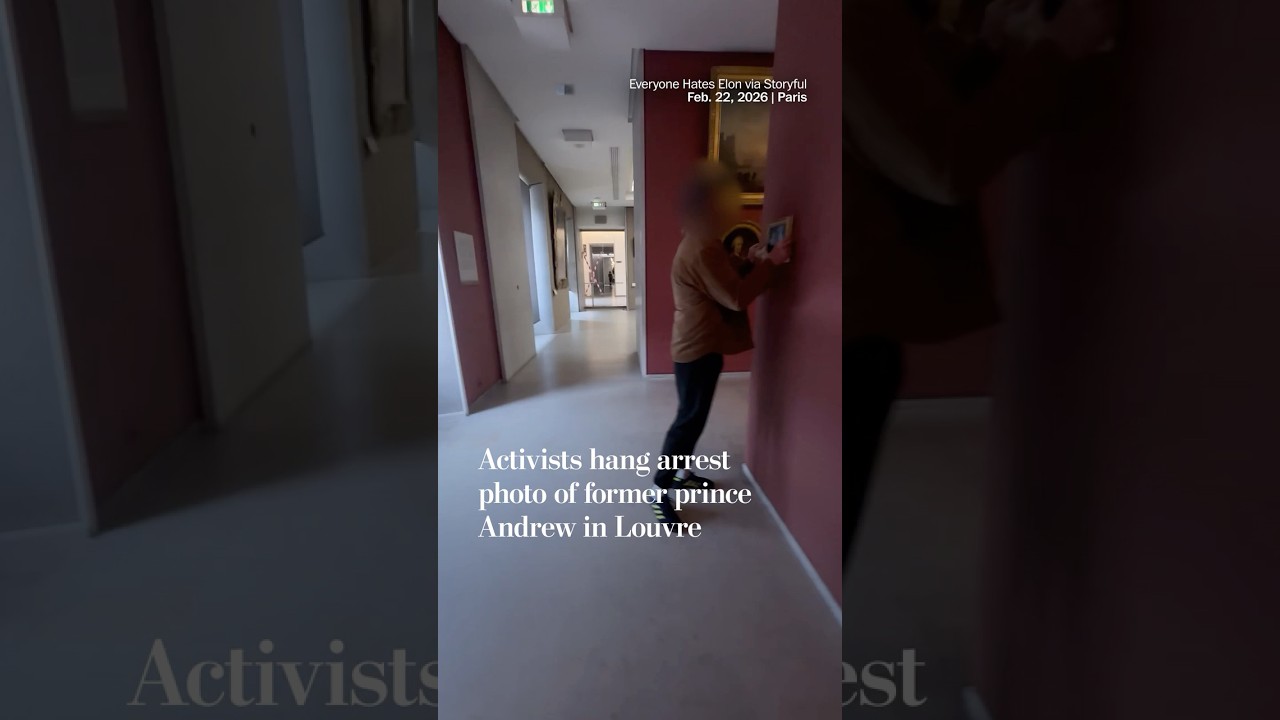 Activists hang arrest photo of former prince Andrew in Louvre
