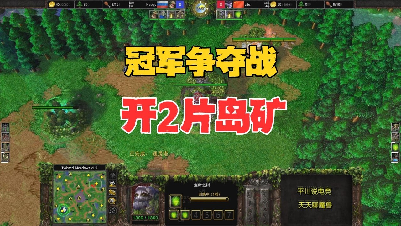 冠军争夺战，开2片岛矿，Happy vs life！魔兽争霸3