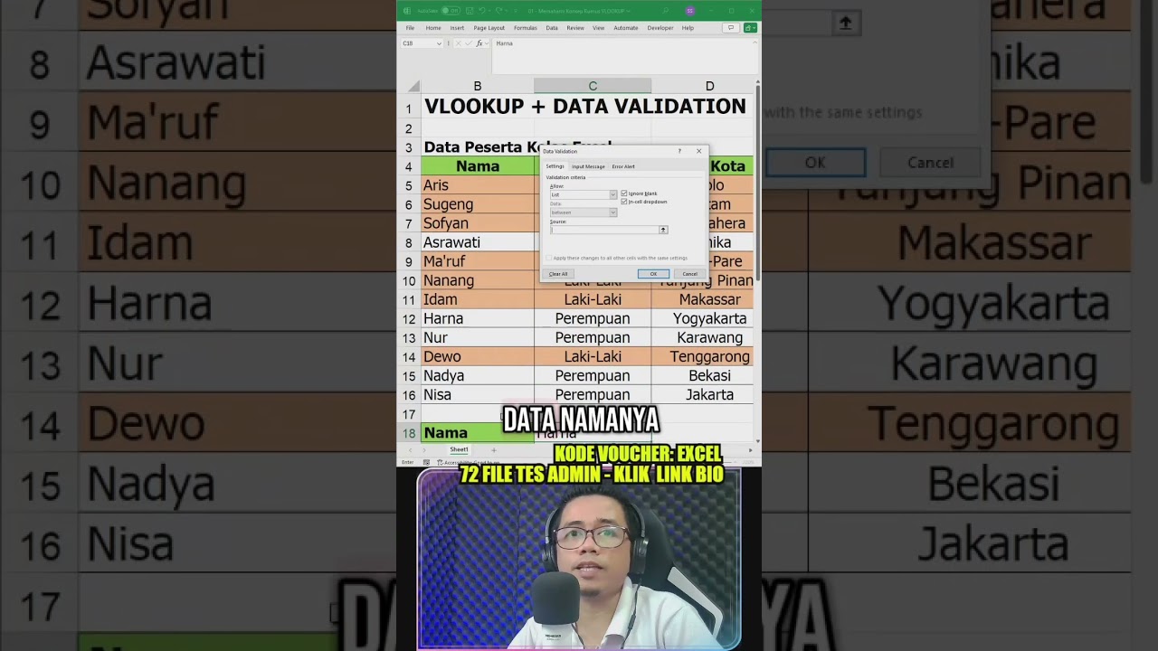 Pakai VLOOKUP dengan Tombol DropDown List Data Validation #vlookup #dropdownlist #datavalidation
