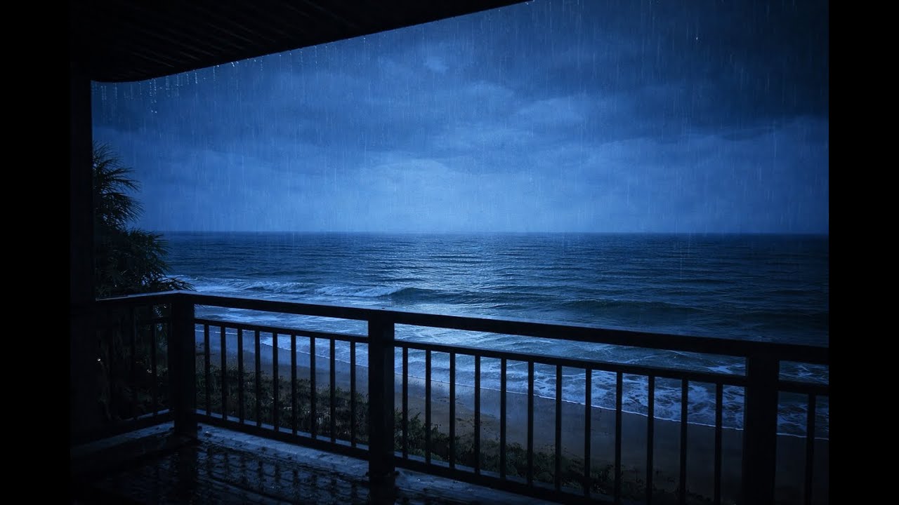 Fall Asleep to Night Rain & Ocean Waves on a Balcony