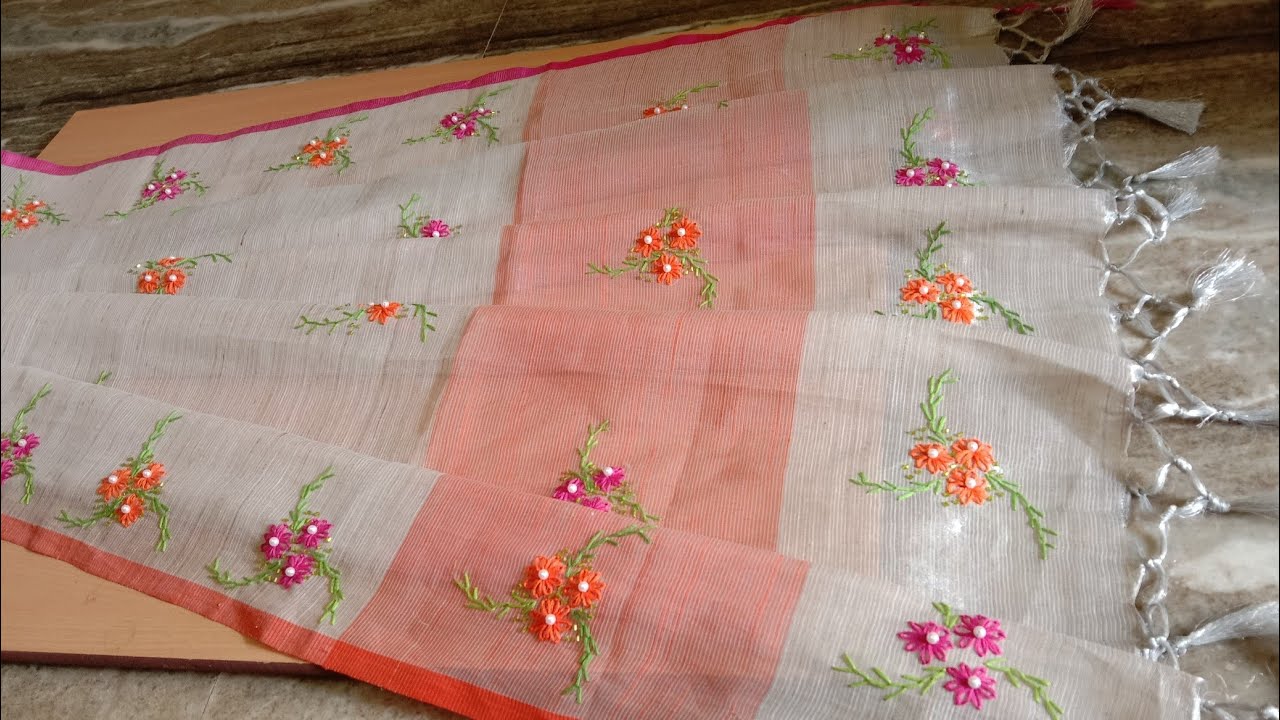 Easy hand embroidery design for saree/ plain saree into designer saree