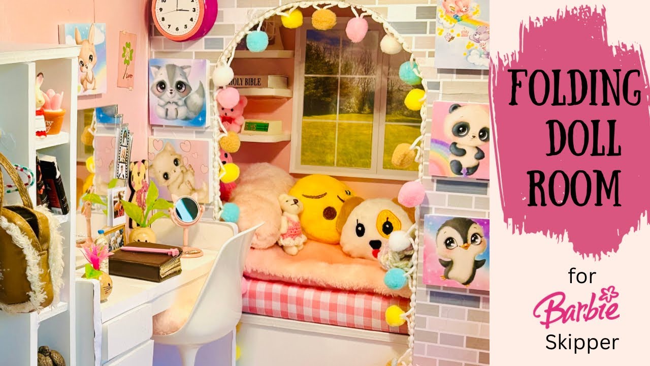 DIY How to make a FOLDING BEDROOM from a GIFT BOX for BARBIE SKIPPER dolls. Mini KAWAII Doll Room