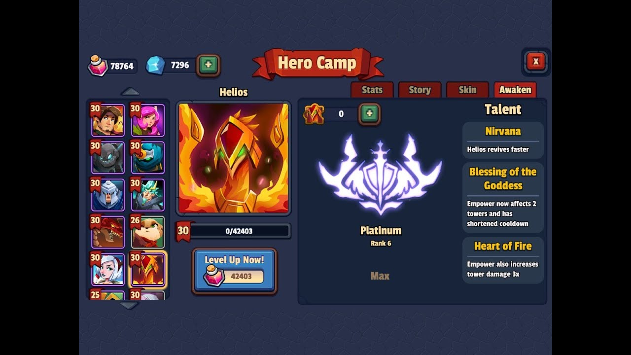 Realm defense Awaken. Helios, test before and after unlock Platinum, rank 6. TD Games.