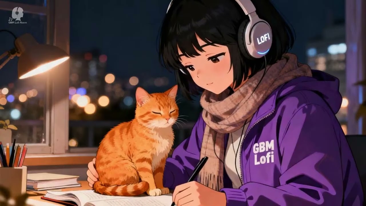 Calm Lofi Beats & Purring Cat for Late Night Study Sessions