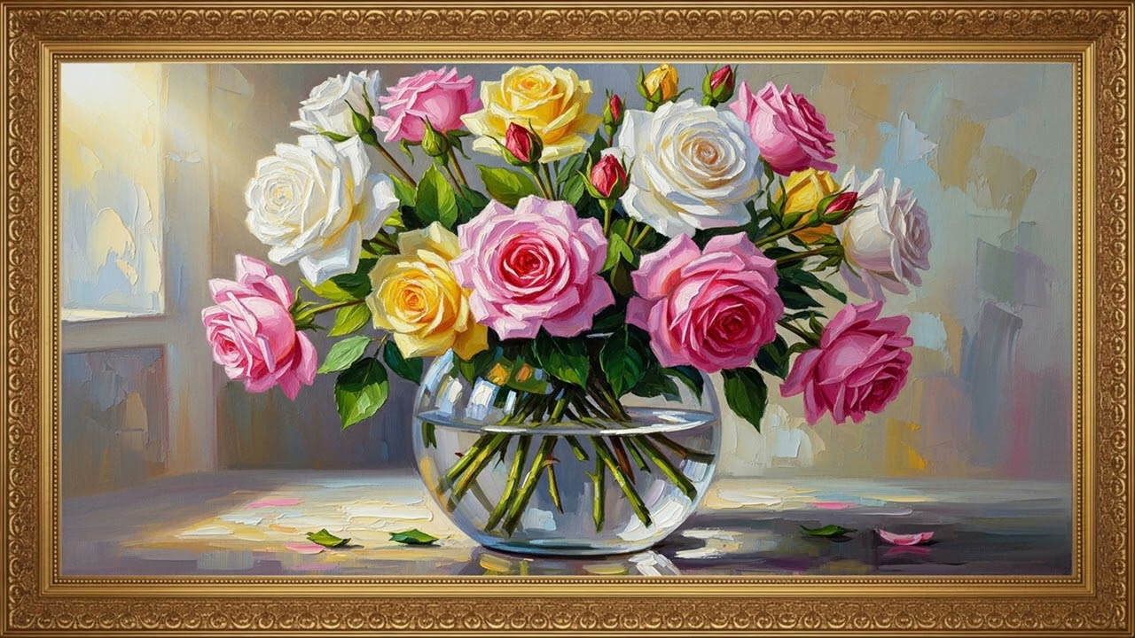 Timeless Rose Bouquet Oil Painting | Relaxing Artistic Atmosphere