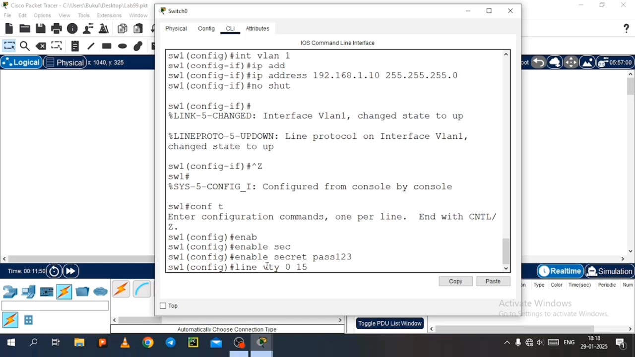 how to configure Cisco Switch telnet password and enable password in packet tracer |cisco