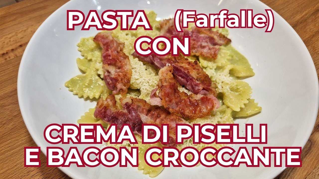 Pasta (Farfalle) con Crema di Piselli e Bacon croccante.