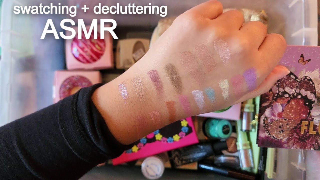 ASMR Makeup Decluttering Pt. 1 ~ Eyeshadows ~ Rambling whispers & soft speaking ~ swatches ~ tapping