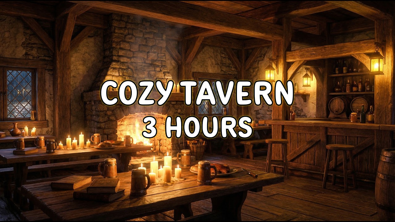 Cozy Fantasy Tavern Ambience 🔥 Fireplace & Rain | Relaxing Medieval Music (3 Hours)