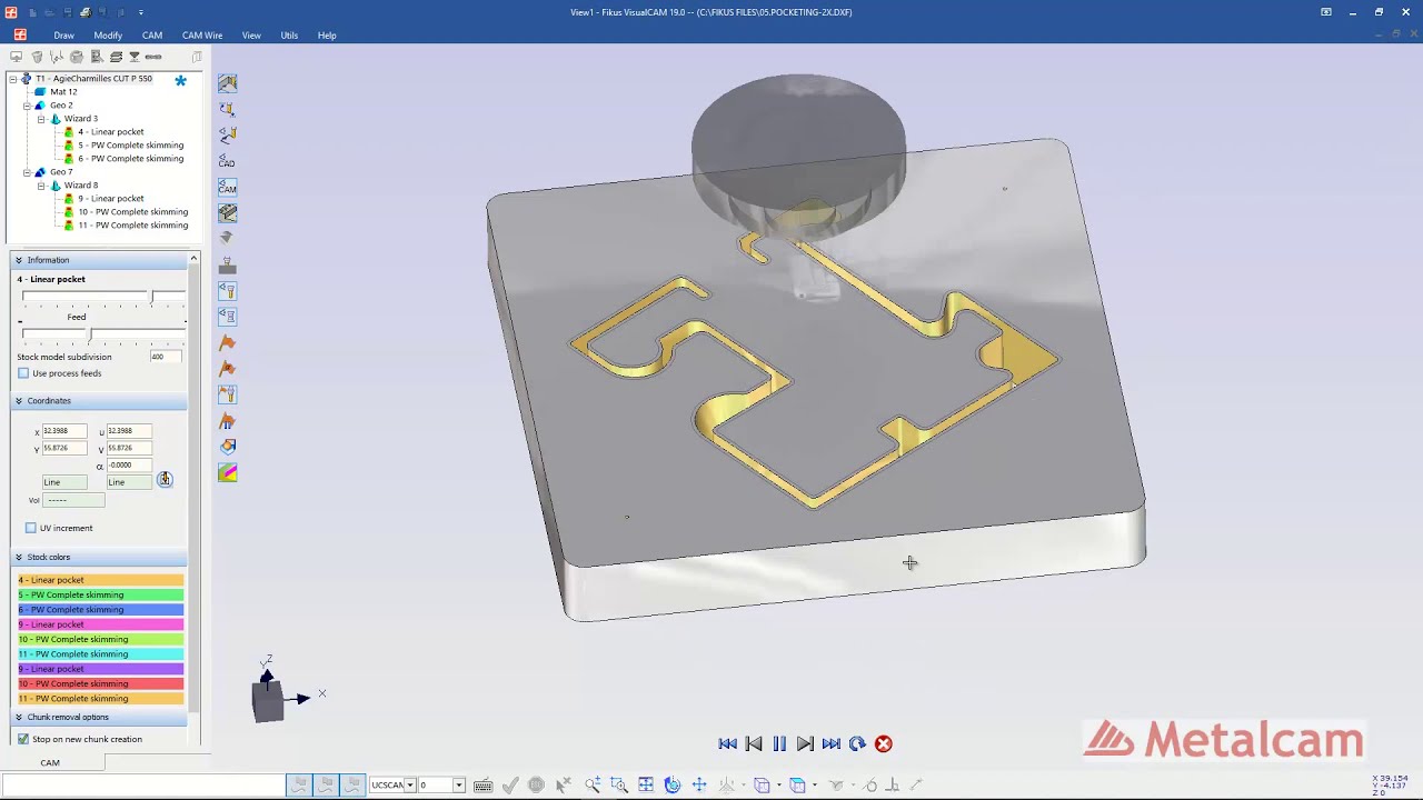 Fikus VisualCAM ST basic programming: Pocketing 2 axis for AgieCharmilles CUT P 550