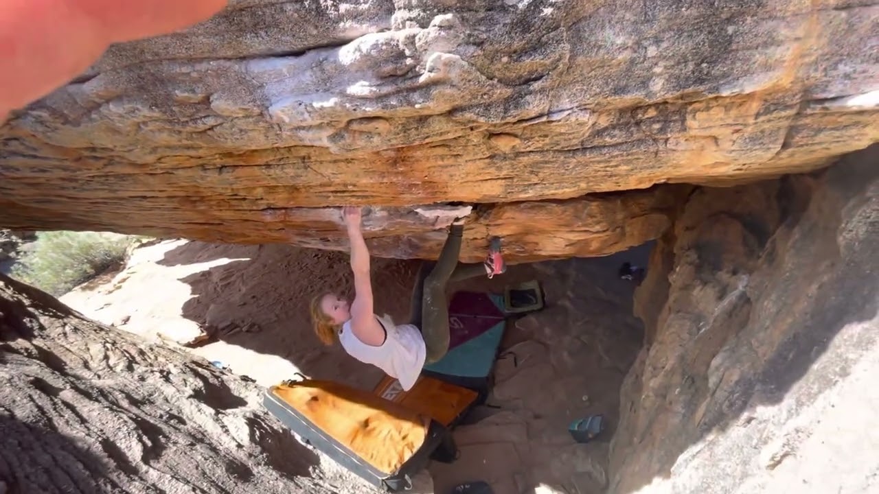 Lucy sending An Amal Roof 7c/v9, Rocklands, South Africa