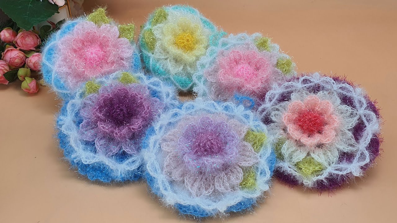 [수세미코바늘]겹꽃 레이스 평면수세미뜨기 Crochet Dish Scrubby