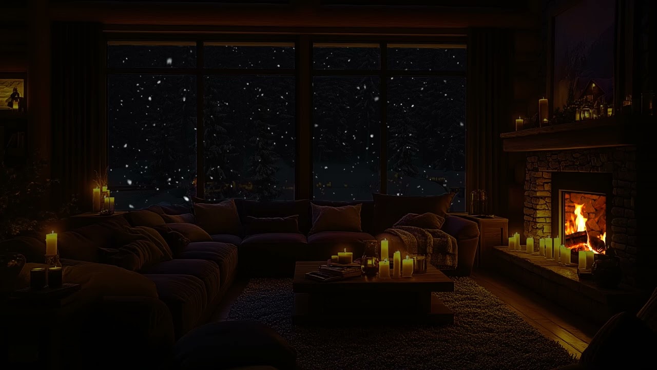 Snowy Cabin Evening with Warm Firelight and Gentle Night Sounds for Deep Restful Sleep
