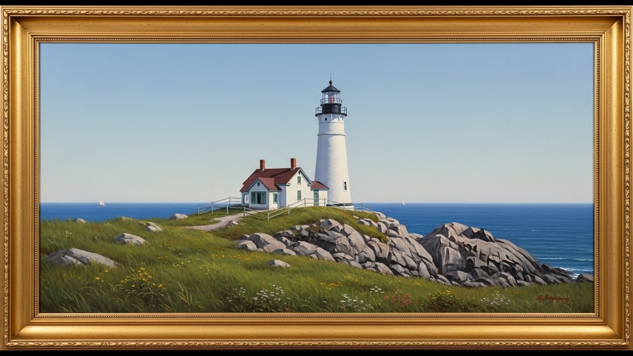 Frame TV Art with Music: White Lighthouse on Rocky Cliff | Background | Traditional New England Art