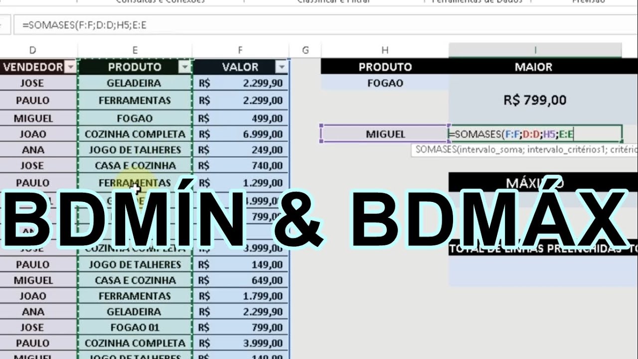 Curso de Excel Anásile Funções BDMÍN, BDMÁX, MÍNIMO & MÁXIMO